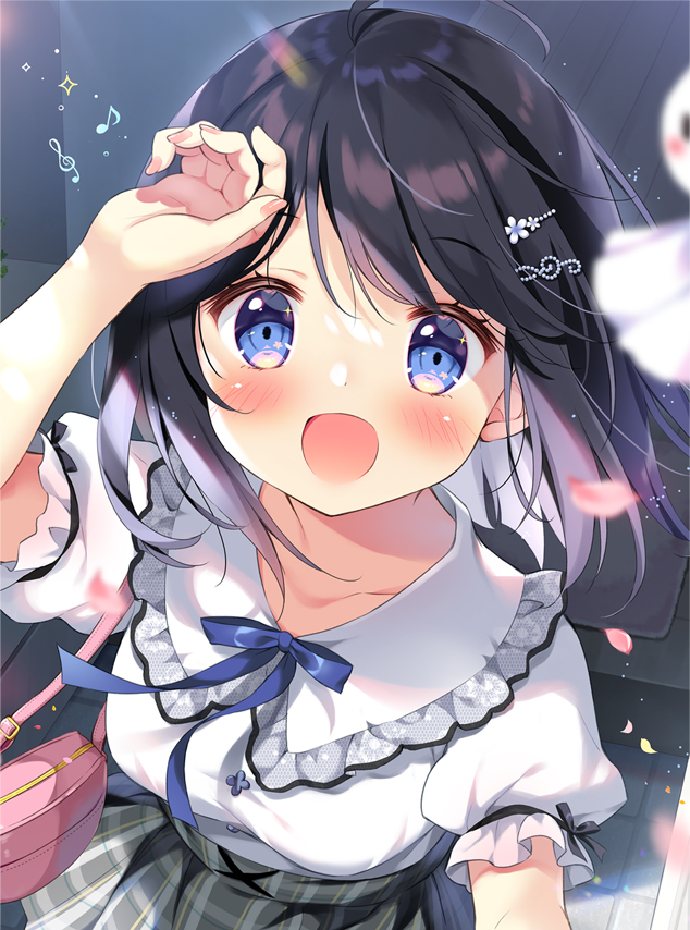 1girl :d arm_up bag bangs black_hair blue_eyes blurry blurry_foreground blush collared_shirt commentary_request depth_of_field eighth_note eyebrows_visible_through_hair flower grey_skirt hair_between_eyes hair_flower hair_ornament hairclip long_hair looking_at_viewer multicolored_hair musical_note open_mouth original pan_(mimi) petals plaid plaid_skirt puffy_short_sleeves puffy_sleeves shirt short_sleeves shoulder_bag skirt smile solo sparkle teruterubouzu treble_clef two-tone_hair white_flower white_hair white_shirt