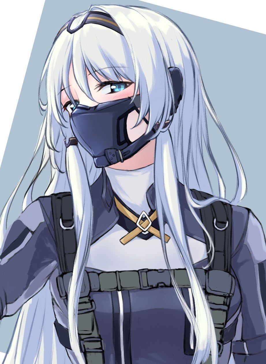 1girl 3_small_spiders an-94_(girls_frontline) bangs blue_eyes blush eyebrows_visible_through_hair girls_frontline hair_between_eyes hairband highres long_hair looking_at_viewer respirator silver_hair solo two-tone_background upper_body
