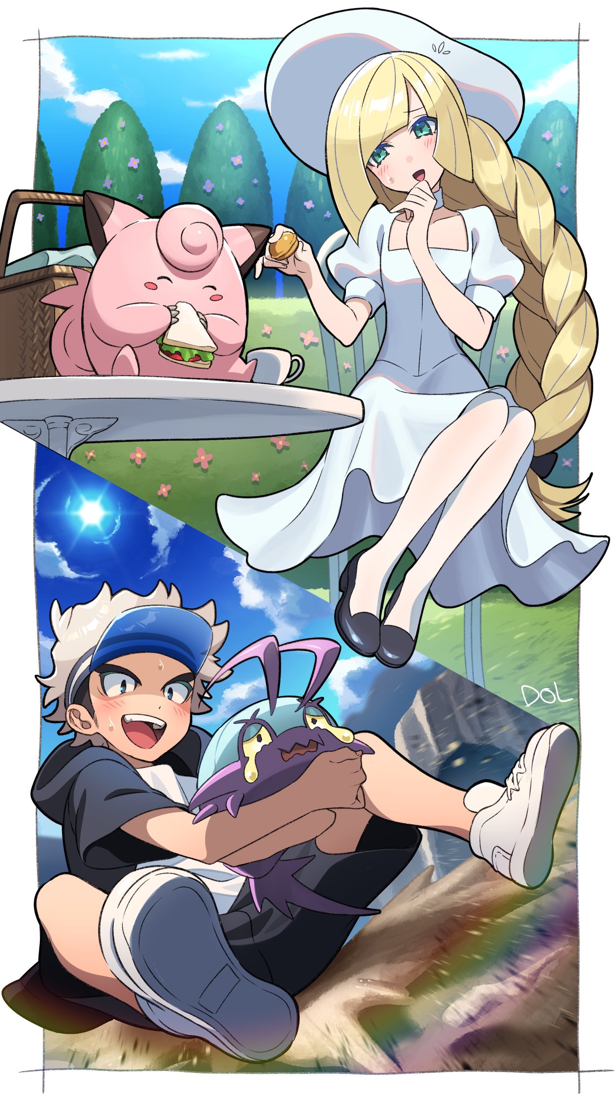 1boy 1girl :d black_footwear black_hair black_shorts blonde_hair blue_headwear blush border braid braided_ponytail chair clefairy clouds cup day dolustoy dress eating flower food gen_1_pokemon gen_7_pokemon grass green_eyes guzma_(pokemon) hand_up hat highres holding holding_pokemon long_hair lusamine_(pokemon) open_mouth outdoors picnic_basket pokemon pokemon_(creature) pokemon_(game) pokemon_sm puffy_sleeves sandwich shiny shiny_hair shoes short_sleeves shorts sitting sky smile sun sun_hat sweat table teeth tongue tree visor_cap white_border white_dress white_footwear white_hair wimpod younger