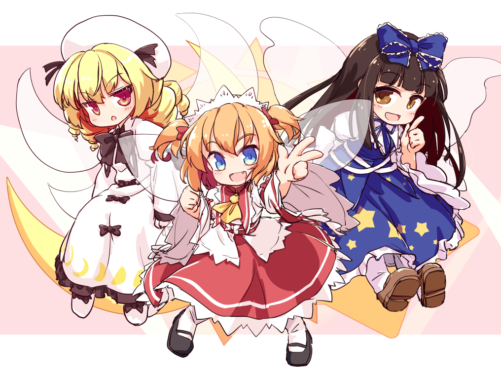 3girls arms_up black_footwear black_hair black_neckwear blonde_hair blue_dress blue_eyes bow bowtie brown_footwear chestnut_mouth clenched_hand crescent dress drill_hair eyebrows_visible_through_hair fairy_wings fang hair_ribbon headdress isu_(is88) juliet_sleeves leaning_forward legs_apart long_hair long_sleeves looking_at_viewer luna_child multicolored multicolored_background multiple_girls open_mouth petticoat pink_background puffy_sleeves red_skirt redhead ribbon short_hair sitting skirt standing star_(symbol) star_print star_sapphire sun_(symbol) sunny_milk touhou two-tone_shirt two_side_up very_long_hair w white_background white_dress white_footwear white_headwear white_legwear wings yellow_eyes