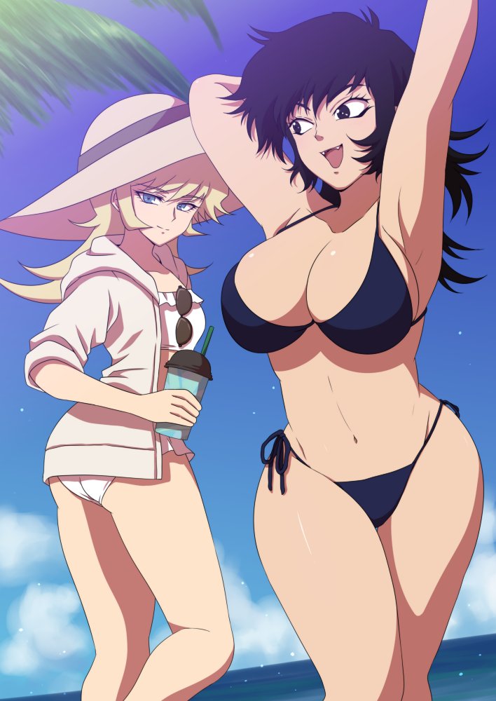 2girls arms_up asuka_ryou bikini black_bikini black_eyes black_hair blonde_hair blue_eyes blue_sky breasts clouds devilman dutch_angle eyewear_hang eyewear_removed fangs fudou_akira genderswap genderswap_(mtf) hat hood hoodie large_breasts multiple_girls navel ocean side-tie_bikini sky small_breasts smile sun_hat sunglasses swimsuit umino_mo_kuzu white_bikini