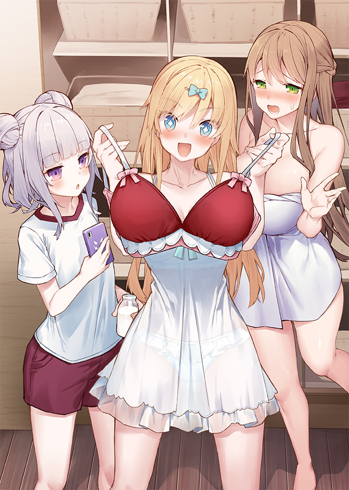 +_+ 3girls :d bare_arms bare_shoulders blonde_hair blue_bow blue_eyes blush bow bow_bra bra braid breasts brown_hair collarbone commentary_request double_bun dress frilled_panties frills green_eyes gym_shirt gym_shorts gym_uniform hair_bow hair_ornament hairclip holding holding_bra holding_clothes holding_underwear indoors large_breasts long_hair multiple_girls naked_towel nose_blush open_mouth original panties red_bra red_shorts see-through shirt short_shorts short_sleeves shorts silver_hair sleeveless sleeveless_dress smile standing tokuno_yuika towel underwear very_long_hair violet_eyes white_dress white_panties white_shirt wooden_floor