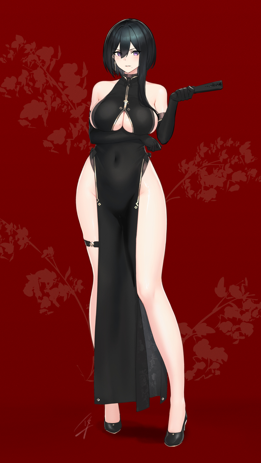 1girl arm_under_breasts bangs black_dress black_footwear black_gloves black_hair breasts cleavage_cutout closed_fan clothing_cutout covered_navel dress elbow_gloves fan folding_fan gloves hair_between_eyes hayabusa high_heels highres holding holding_fan jewelry large_breasts mole mole_under_eye mole_under_mouth original parted_lips pelvic_curtain red_background short_hair_with_long_locks single_earring solo standing thigh_strap under_boob underboob_cutout violet_eyes