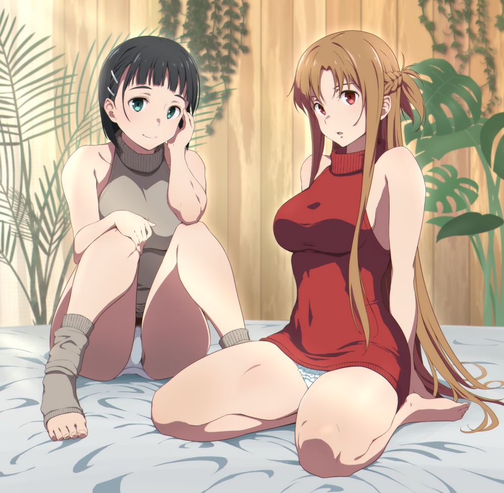 2girls asuna_(sao) black_hair bob_cut breasts brown_hair frilled_panties frills green_eyes grey_legwear grey_sweater hair_ornament hairclip half_updo kirigaya_suguha long_hair medium_breasts multiple_girls panties puge red_eyes red_sweater short_hair sitting sleeveless_sweater sweater sword_art_online toeless_legwear turtleneck underwear wariza white_panties