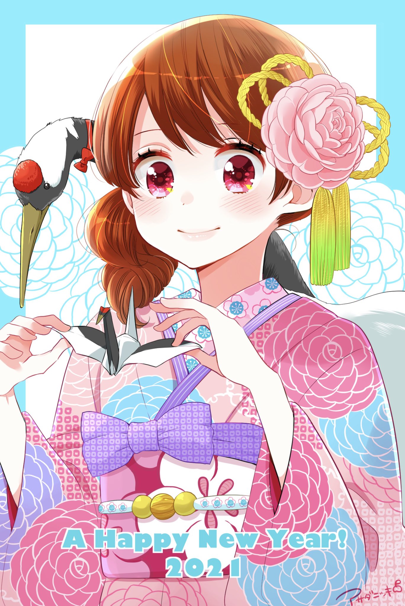 1girl 2021 animal asada_nikki bird brown_hair chrysanthemum closed_mouth crane_(animal) floral_print flower hair_flower hair_ornament happy_new_year hibike!_euphonium highres holding japanese_clothes kimono lips looking_at_viewer medium_hair new_year obi origami original paper_crane pink_flower ponytail sash smile solo violet_eyes