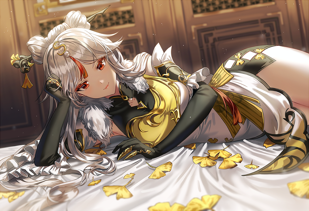 1girl bangs china_dress chinese_clothes claw_ring dress elbow_gloves fur_collar genshin_impact ginkgo_leaf gloves hair_bun hair_ornament hair_stick head_on_hand head_rest looking_at_viewer lying multicolored_hair ningguang_(genshin_impact) on_bed on_side parted_bangs pearl_(gemstone) pelvic_curtain red_eyes redhead silence_girl silver_hair smile solo two-tone_dress two-tone_hair white_dress yellow_dress