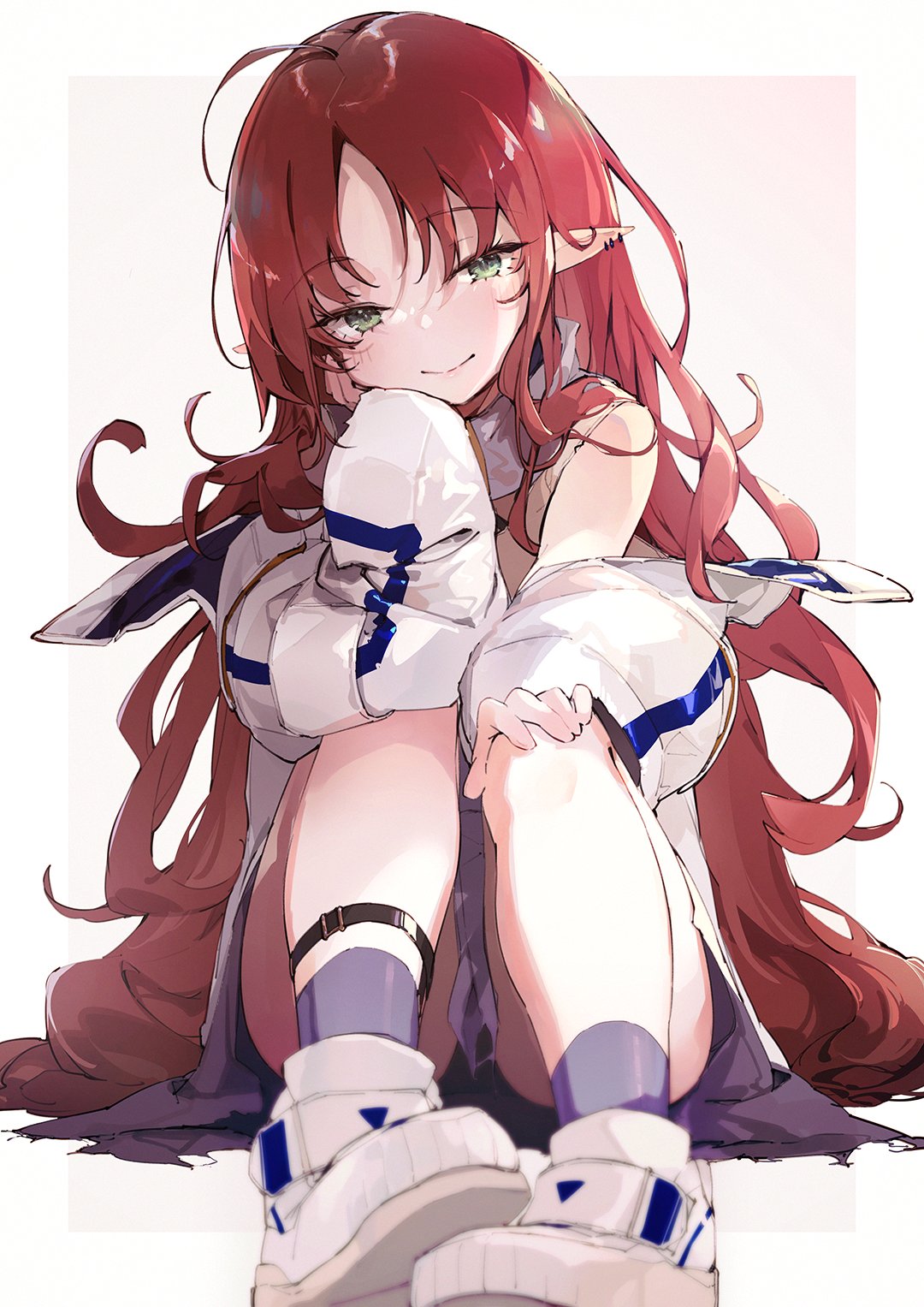 1girl ahoge arknights bare_legs bare_shoulders closed_mouth green_eyes grey_legwear highres jacket knees_up long_hair long_sleeves looking_at_viewer myrtle_(arknights) off_shoulder pointy_ears redhead shoes sitting smile socks solo very_long_hair white_background white_footwear white_jacket yatsuha_(hachiyoh)