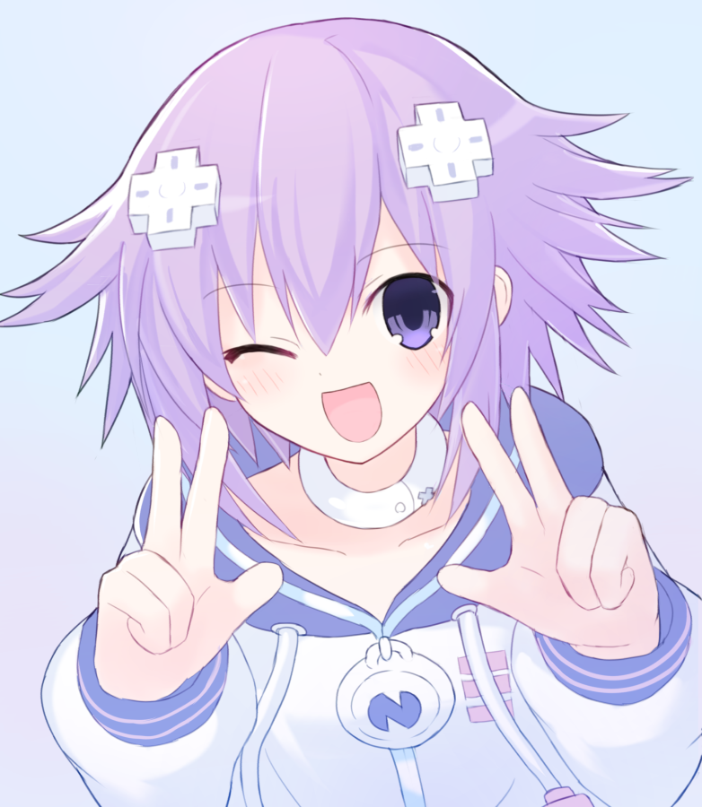 1girl ;d bangs blush choker collarbone d-pad d-pad_hair_ornament drawstring eyebrows_visible_through_hair eyes_visible_through_hair hair_between_eyes hair_ornament hands_up long_sleeves looking_at_viewer medium_hair neptune_(neptune_series) neptune_(series) official_style one_eye_closed open_mouth purple_hair smile solo suta_(clusta) upper_body violet_eyes white_choker