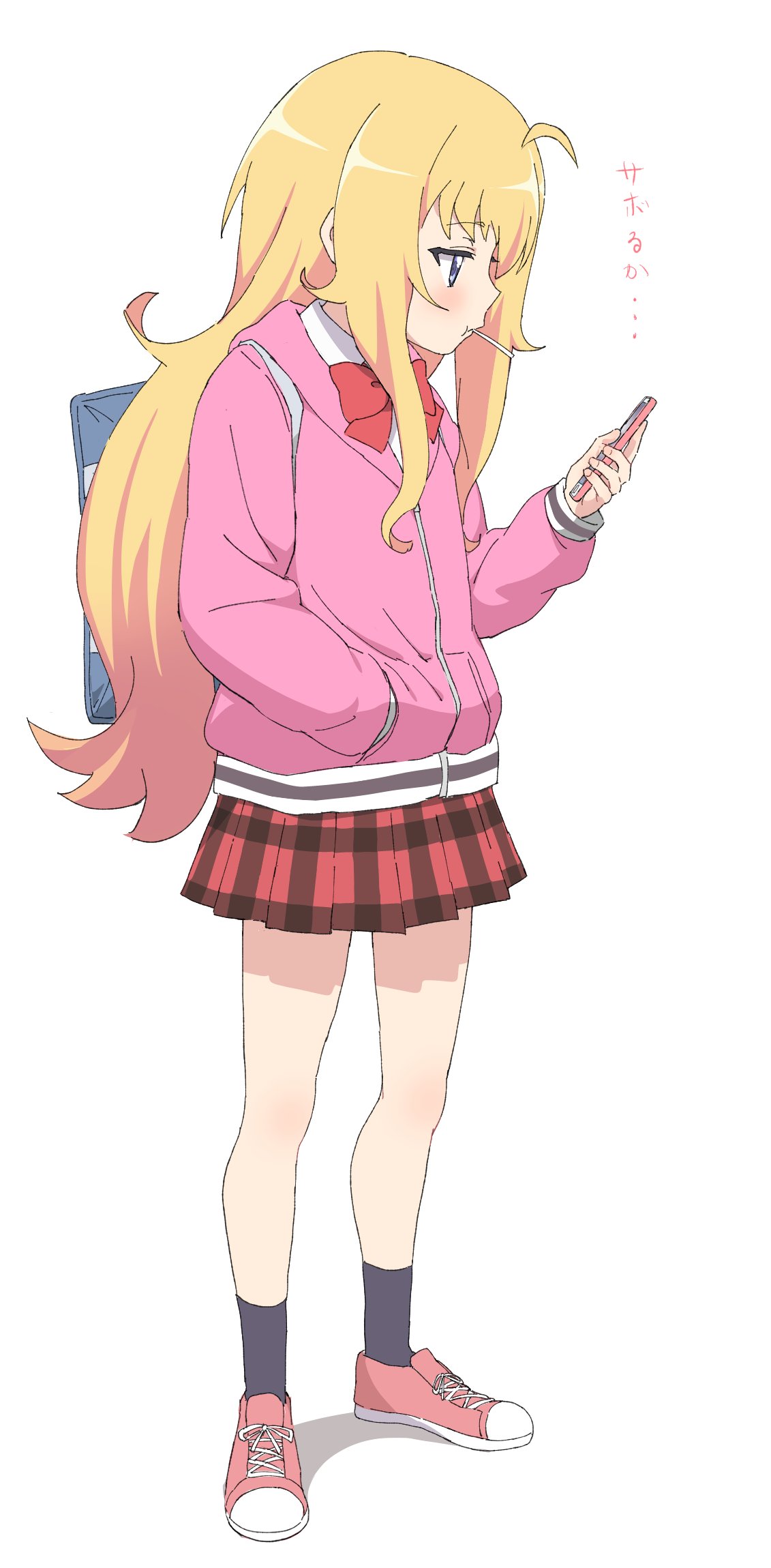 1girl ahoge backpack bag blonde_hair bow bowtie cellphone commentary_request full_body gabriel_dropout gabriel_tenma_white hand_in_pocket highres holding holding_phone jacket legs long_hair phone pink_footwear pink_jacket plaid plaid_skirt red_neckwear school_uniform shoes simple_background sincos skirt socks solo standing translation_request violet_eyes white_background