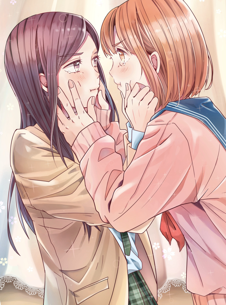 2girls :t bangs black_hair blue_sailor_collar blush brown_eyes brown_hair closed_mouth collared_shirt commentary_request eye_contact eyebrows_visible_through_hair fingernails hand_on_another's_face hands_on_another's_cheeks hands_on_another's_face highres long_hair long_sleeves looking_at_another multiple_girls necktie original pink_sweater plaid plaid_neckwear plaid_skirt pleated_skirt profile red_neckwear sailor_collar school_uniform serafuku shirt short_hair skirt sparkle strawberry_(akira-love) sweater tearing_up tears white_shirt yuri
