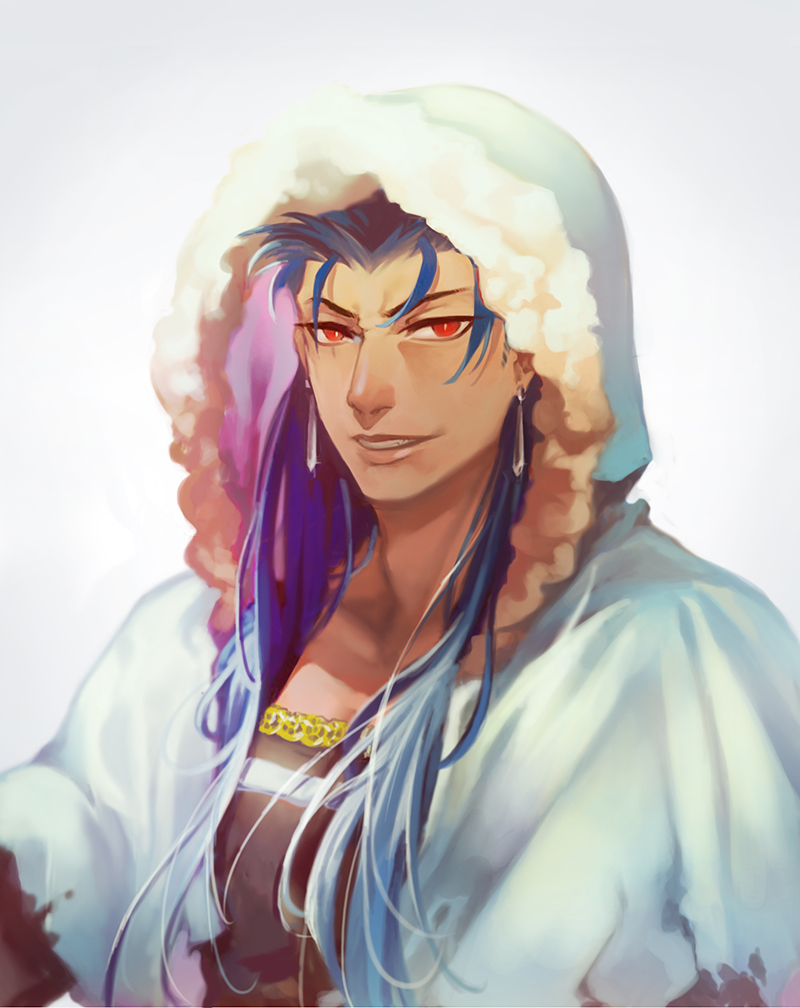 1boy blue_hair capelet closed_mouth cu_chulainn_(fate)_(all) cu_chulainn_(fate/grand_order) earrings fang fate/grand_order fate_(series) fur-trimmed_hood fur_trim grin hood hood_up hooded_capelet iash jewelry long_hair looking_at_viewer male_focus red_eyes simple_background smile solo white_background