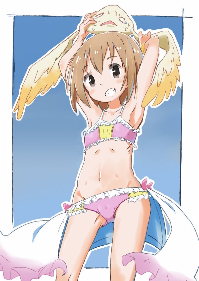 1girl 1other armpits arms_up ashida_ichirou ass_visible_through_thighs bikini blue_background bracelet breasts brown_eyes brown_hair grin groin hanami_yuzuka jewelry mahou_shoujo_nante_mou_ii_desukara. miton navel pink_bikini short_hair showgirl_skirt simple_background skirt small_breasts smile swimsuit thighs white_skirt wings