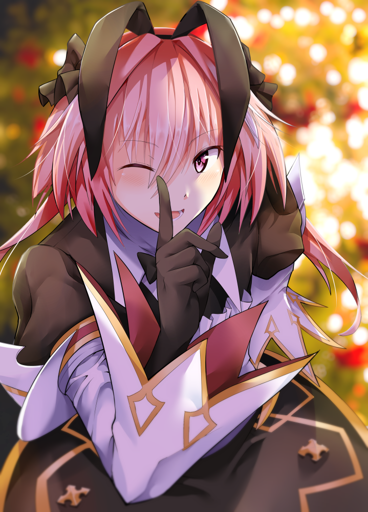 1boy astolfo_(fate) astolfo_(saber)_(fate) black_bow black_dress black_gloves black_neckwear black_ribbon black_skirt bow dress eyebrows_visible_through_hair fate/grand_order fate_(series) gloves juliet_sleeves lights long_sleeves one_eye_closed open_mouth otoko_no_ko pink_hair puffy_sleeves ribbon skirt wa_yuta