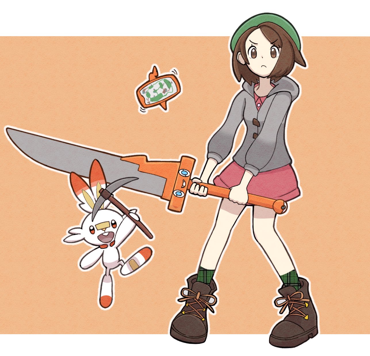 1girl boots brown_eyes brown_footwear brown_hair buttons cardigan closed_mouth collared_dress commentary_request dress eyebrows_visible_through_hair frown gen_4_pokemon gen_8_pokemon gloria_(pokemon) green_headwear green_legwear grey_cardigan hat highres holding holding_sword holding_weapon hooded_cardigan idalol490 outline pink_dress plaid plaid_legwear pokemon pokemon_(creature) pokemon_(game) pokemon_swsh rotom rotom_phone scorbunny short_hair socks standing starter_pokemon sword tam_o'_shanter weapon