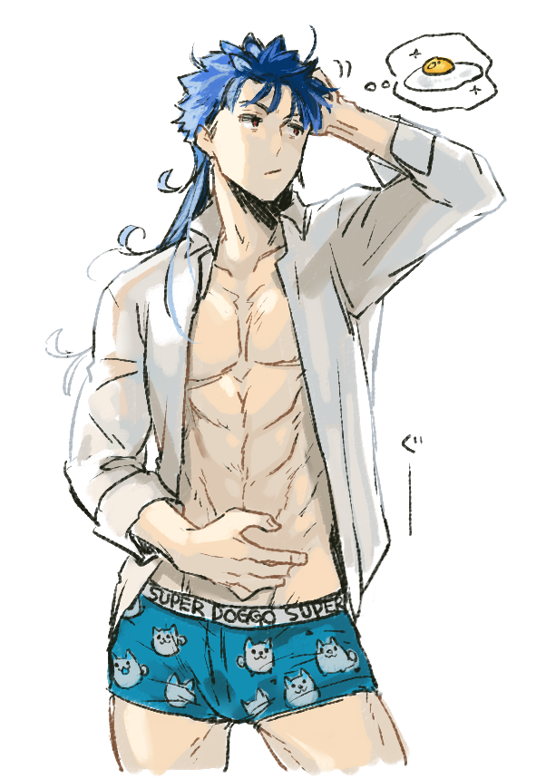 1boy abs alternate_costume alternate_hairstyle blue_hair boxer_briefs closed_mouth collarbone collared_shirt cowboy_shot cu_chulainn_(fate)_(all) earrings fate/stay_night fate_(series) fried_egg jewelry lancer long_hair long_sleeves looking_to_the_side male_focus male_underwear messy_hair muscular muscular_male open_clothes open_shirt red_eyes shibanui shirt simple_background solo spiky_hair thought_bubble underwear white_background