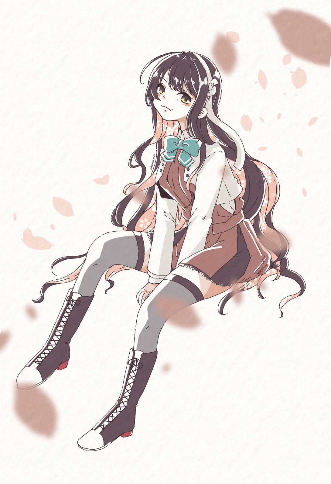 1girl black_hair blazer boots cocax_x cross-laced_footwear grey_legwear hair_down hairband halterneck highres jacket kantai_collection lace-up_boots long_hair looking_at_viewer multicolored_hair naganami_(kancolle) pink_hair remodel_(kantai_collection) sitting smile solo thigh-highs two-tone_hair wavy_hair white_hairband