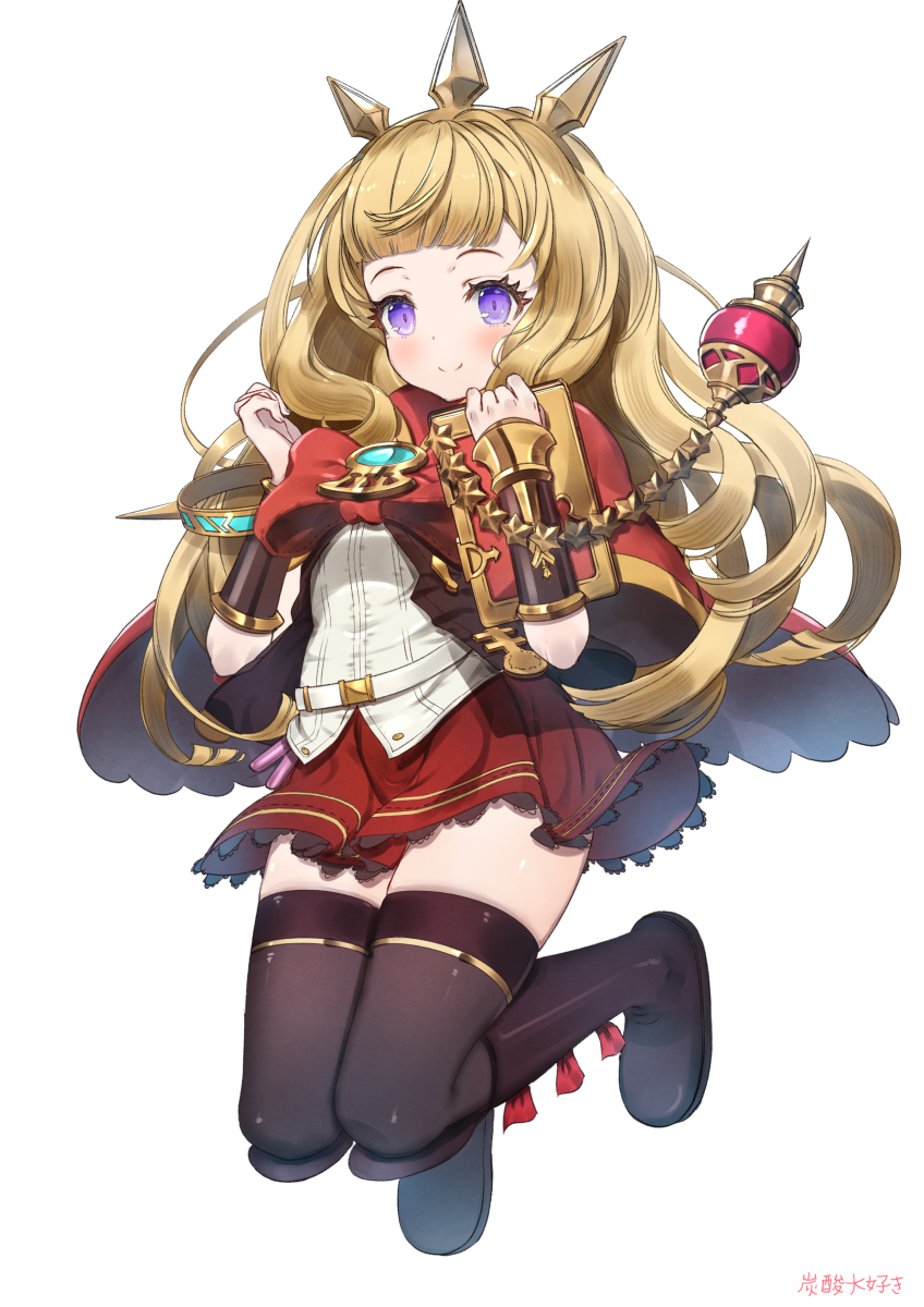 bangs black_footwear black_legwear blonde_hair blunt_bangs blush book boots cagliostro_(granblue_fantasy) capelet chain dress_shirt full_body gauntlets glint gold granblue_fantasy granblue_fantasy_versus hairband highres holding holding_book jumping lace-trimmed_skirt lace_trim looking_at_viewer shirt signature simple_background skirt smile tansan_daisuki thigh-highs violet_eyes white_background zettai_ryouiki
