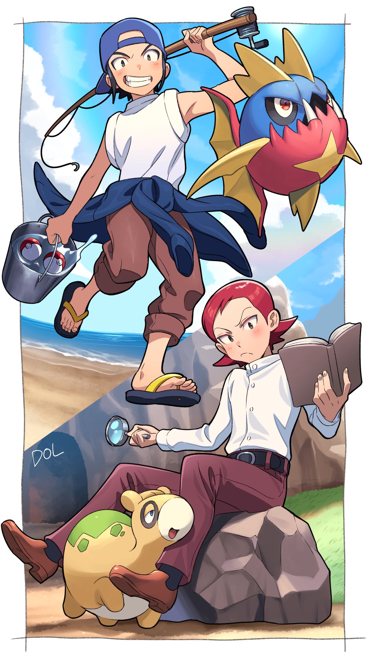 2boys archie_(pokemon) backwards_hat bangs baseball_cap belt black_belt black_hair black_legwear blue_headwear blush book border brown_footwear brown_pants bucket buttons carvanha clenched_teeth closed_mouth clothes_around_waist commentary_request dolustoy fishing_rod flip-flops frown gen_3_pokemon grass hat highres holding holding_book holding_fishing_rod holding_magnifying_glass long_sleeves male_focus maxie_(pokemon) multiple_boys numel outside_border pants poke_ball poke_ball_(basic) pokemon pokemon_(creature) pokemon_(game) pokemon_rse red_pants redhead rock sand sandals shiny shiny_hair shirt shoes shore sitting sleeveless sleeveless_shirt smile socks teeth toes v-shaped_eyebrows water white_border white_shirt younger