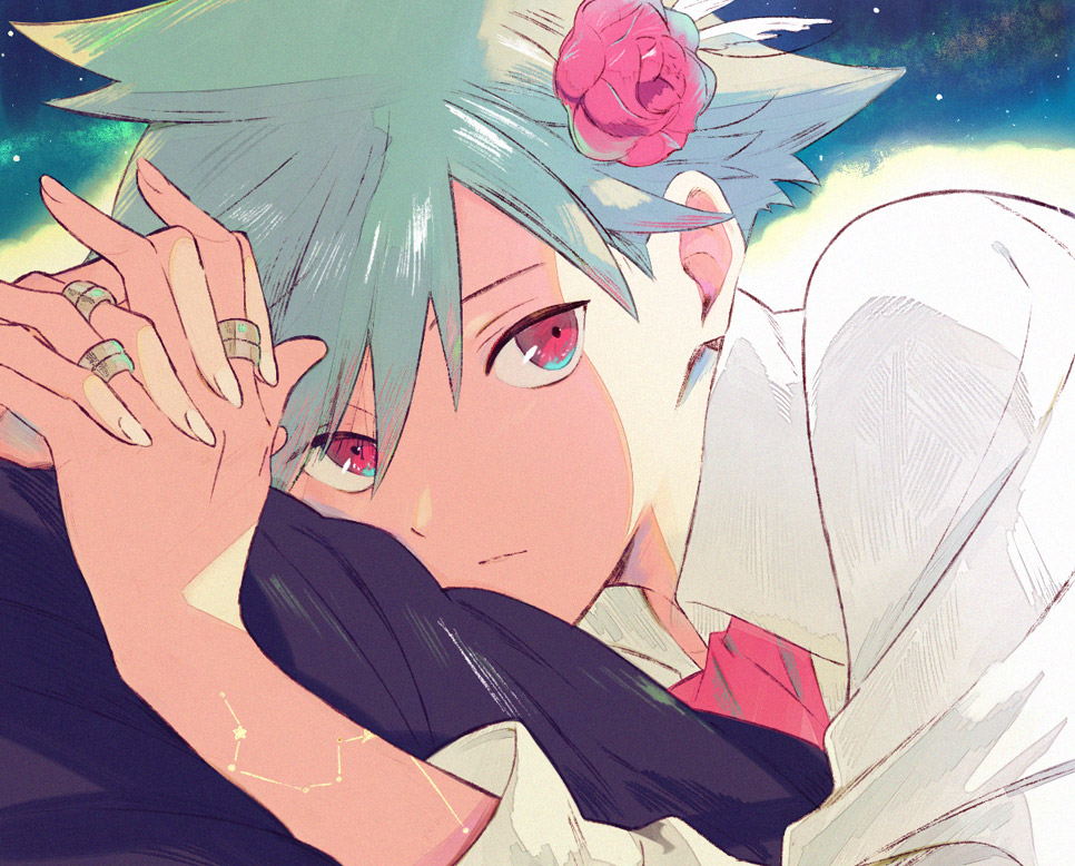 1boy alternate_eye_color bangs closed_mouth collared_shirt commentary_request flower green_hair hair_between_eyes hair_flower hair_ornament hands_together interlocked_fingers ittumozzz jewelry looking_at_viewer male_focus necktie pink_flower pink_neckwear pokemon pokemon_(game) pokemon_rse red_eyes ring shirt solo steven_stone white_shirt