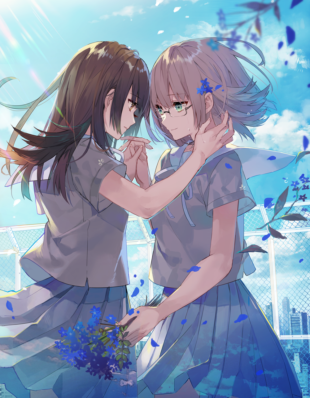 2girls bangs blue_skirt blue_sky blurry blurry_foreground brown_eyes brown_hair building chain-link_fence city closed_mouth clouds cloudy_sky commentary_request couple cowboy_shot crying crying_with_eyes_open day eihi eye_contact eyebrows_visible_through_hair fence flower flower_request from_behind from_side glasses green_eyes grey_shirt hair_flower hair_ornament hair_ribbon highres holding holding_flower holding_hands indoors interlocked_fingers long_hair looking_at_another miniskirt multiple_girls original outdoors petals pleated_skirt profile ribbon rooftop sailor_collar school_uniform semi-rimless_eyewear serafuku shirt short_sleeves skirt sky skyscraper smile standing sunlight teardrop tears white_sailor_collar window yuri