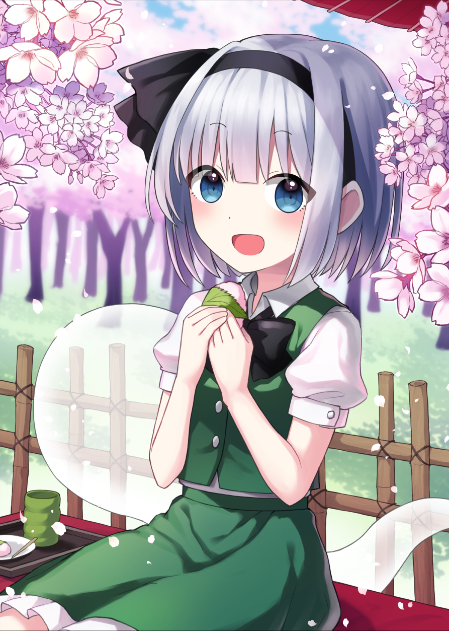 1girl :d bangs bench black_bow black_hairband black_neckwear black_ribbon blue_eyes blunt_bangs blurry blurry_background blush bob_cut bow bowtie buttons cherry_blossoms chopsticks collared_shirt commentary_request cowboy_shot cup day eyebrows_visible_through_hair falling_petals feet flat_chest flower food green_skirt green_vest hair_ribbon hairband happy highres hitodama holding holding_food konpaku_youmu konpaku_youmu_(ghost) looking_at_viewer open_mouth outdoors petals pink_flower plate puffy_short_sleeves puffy_sleeves ribbon sakura_mochi shirt short_hair short_sleeves silver_hair sitting skirt smile solo suzuno_naru touhou vest wagashi wing_collar