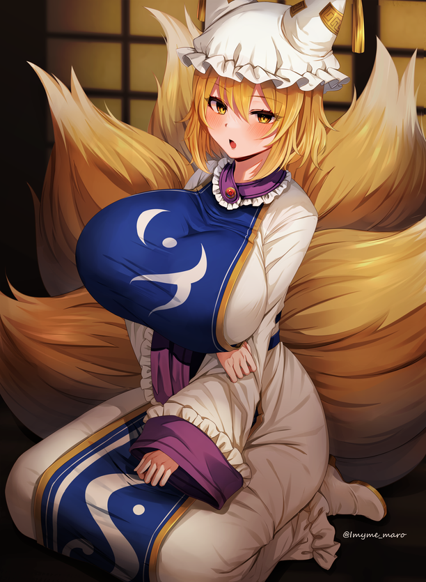 1girl animal_ears bangs blonde_hair blue_vest boots breasts door dress eyebrows_visible_through_hair eyes_visible_through_hair floor fox_ears fox_tail hair_between_eyes hand_on_own_arm hat large_breasts long_sleeves looking_at_viewer marota open_mouth seiza short_hair sitting solo tail touhou twitter_username vest white_dress white_footwear white_headwear white_sleeves yakumo_ran yellow_eyes