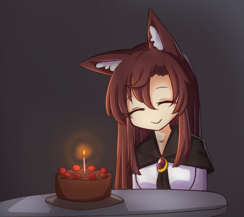 1girl animal_ear_fluff animal_ears bangs birthday birthday_cake black_background black_cape brooch brown_hair cake candle cape closed_eyes closed_mouth eyebrows_visible_through_hair food hair_between_eyes imaizumi_kagerou jewelry long_hair simple_background smile solo table touhou upper_body wolf_ears wool_(miwol)