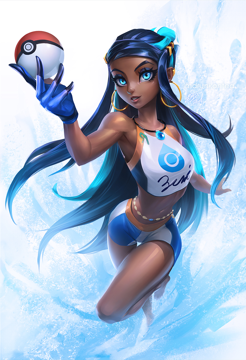 1girl bare_shoulders barefoot belly_chain blue_eyes blue_eyeshadow blue_gloves blue_hair blue_shorts brandon_dunn crop_top dark_skin earrings eyeshadow gloves highres holding hoop_earrings imdrunkontea jewelry long_hair looking_at_viewer makeup necklace nessa_(pokemon) poke_ball pokemon pokemon_(game) pokemon_swsh portrait shorts single_glove sleeveless smile water water_drop