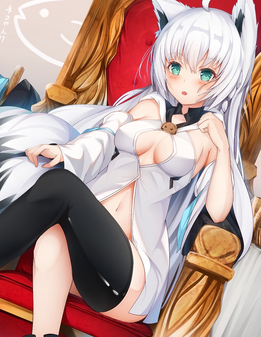 1girl adapted_costume ahoge animal_ears aqua_eyes bangs bare_shoulders black_legwear blush breasts cleavage_cutout clothing_cutout crossed_legs detached_sleeves embarrassed fang feet_out_of_frame fox_ears fox_girl hair_between_eyes hair_down highres hololive kitsune long_hair looking_at_viewer medium_breasts multiple_tails navel on_chair parted_lips rimamo shiny shiny_clothes shiny_legwear shirakami_fubuki silver_hair single_thighhigh sitting solo tail thigh-highs throne virtual_youtuber white_hair white_sleeves wide_sleeves