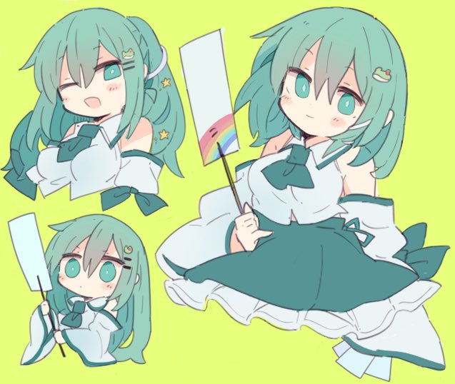 1girl 76gpo alternate_hairstyle breasts detached_sleeves frog frog_hair_ornament gohei green_eyes green_hair hair_ornament hair_tubes kochiya_sanae large_breasts one_eye_closed open_mouth ponytail skirt smile snake snake_hair_ornament solo star_(symbol) touhou