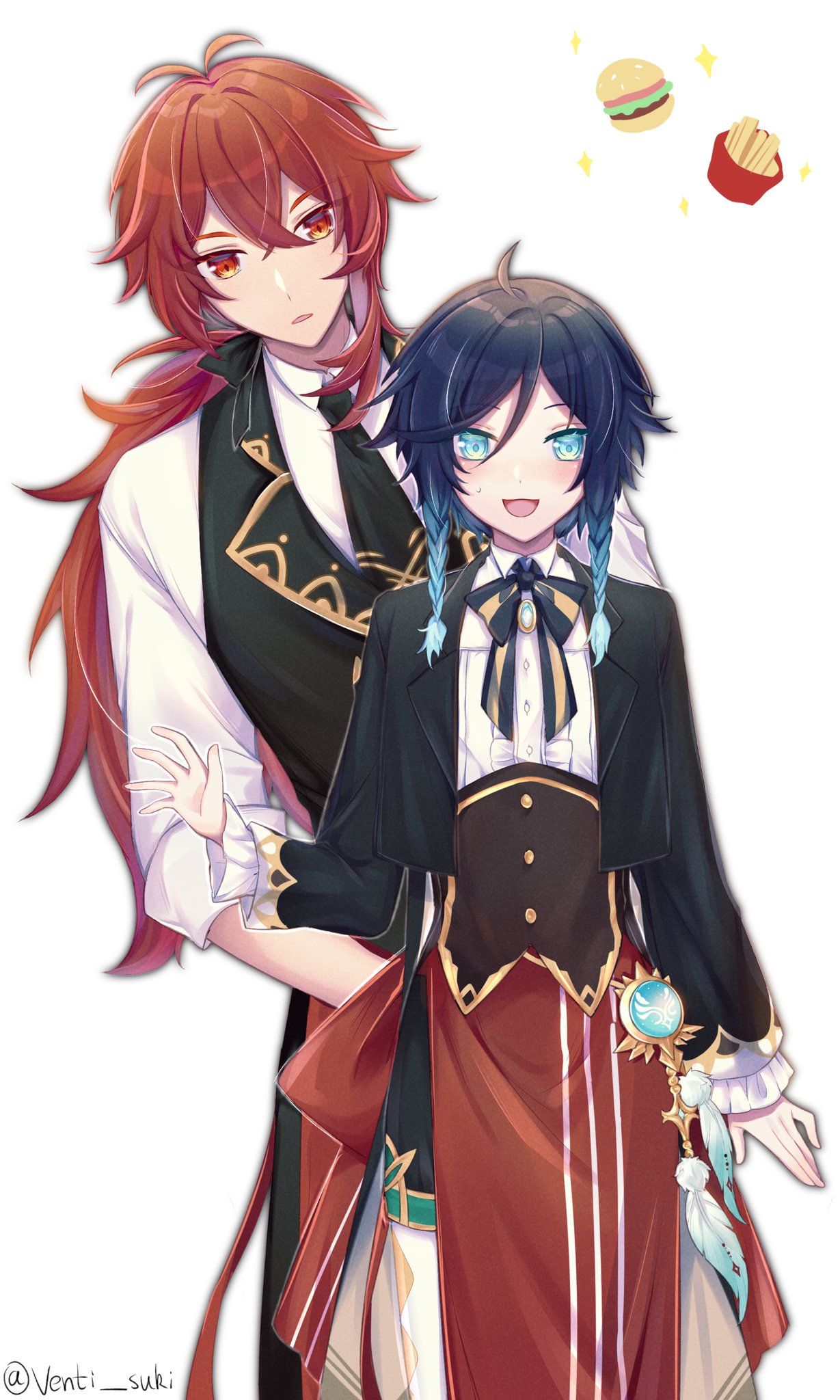 2boys androgynous argyle argyle_legwear bangs black_hair black_jacket blue_eyes blue_hair bow braid brooch collared_shirt corset diluc_(genshin_impact) eyebrows_visible_through_hair feathers food french_fries frilled_sleeves frills gem genshin_impact gradient_hair hair_between_eyes hamburger highres jacket jewelry long_hair long_sleeves looking_at_viewer male_focus multicolored_hair multiple_boys necktie open_mouth pantyhose ponytail red_eyes redhead shirt short_hair_with_long_locks simple_background smile sparkle symbol_commentary twin_braids venti_(genshin_impact) venti_suki vest vision_(genshin_impact) white_background white_legwear