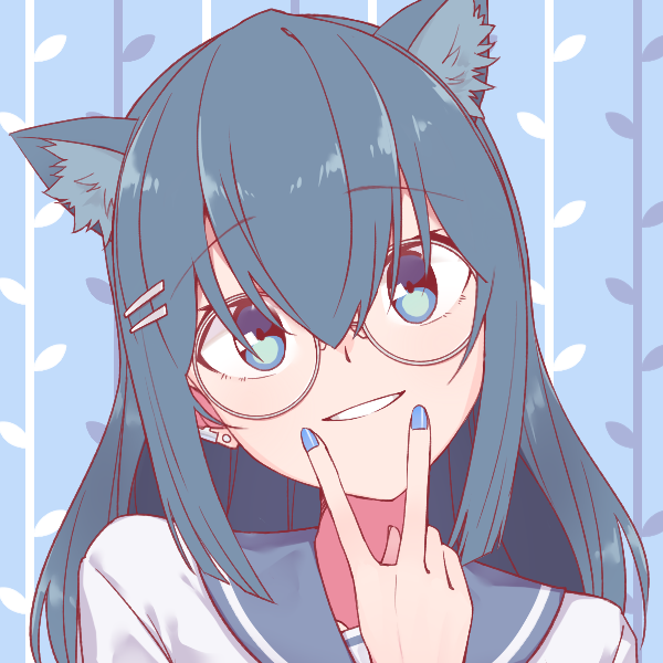 1girl alternate_costume animal_ear_fluff animal_ears bangs bespectacled blue_eyes blue_hair blue_nails cat_ears chinese_commentary eyebrows_visible_through_hair glasses head_tilt hololive hololive_china ling_yu_xiao rosalyn_(hololive) round_eyewear sailor_collar school_uniform serafuku smile solo upper_body virtual_youtuber