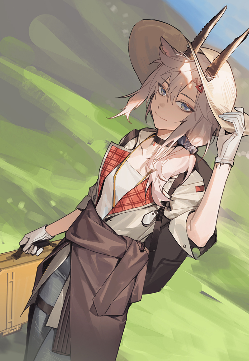 1girl animal_ears arknights black_choker blue_eyes breasts briefcase choker clothes_around_waist coat collarbone commentary denim dutch_angle earthspirit_(arknights) feet_out_of_frame gloves goat_ears goat_horns hair_between_eyes hair_ornament hairclip hand_on_headwear hat highres holding holding_briefcase horizontal_pupils horns hug_(yourhug) jacket jacket_around_waist jeans light_smile long_hair looking_at_viewer open_clothes open_coat oripathy_lesion_(arknights) outdoors pants platinum_blonde_hair scrunchie shirt side_ponytail sidelocks small_breasts solo standing sun_hat tied_hair white_shirt