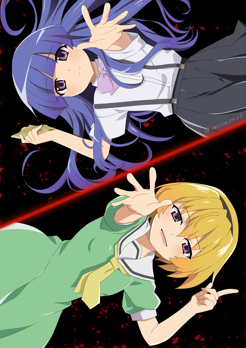 2girls :d bangs black_background black_hairband black_skirt blonde_hair blood blue_hair blunt_bangs bow bowtie closed_mouth collared_shirt commentary dress frown furude_rika green_dress hair_between_eyes hairband hand_up highres higurashi_no_naku_koro_ni holding houjou_satoko index_finger_raised long_hair looking_at_viewer lower_teeth multiple_girls neckerchief open_mouth outstretched_arm puffy_short_sleeves puffy_sleeves purple_bow purple_neckwear rumia_(compacthuman) sailor_collar school_uniform shirt shirt_tucked_in short_hair short_sleeves skirt smile split_screen spread_fingers suspender_skirt suspenders twitter_username violet_eyes white_sailor_collar white_shirt yellow_neckwear