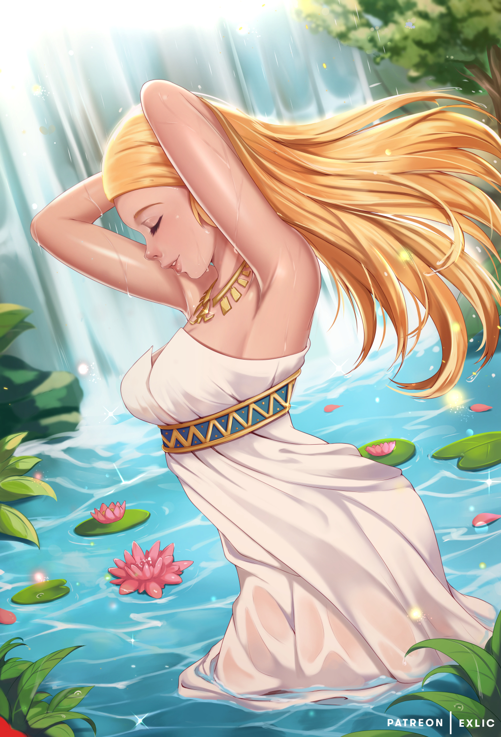 1girl armpits arms_up bare_arms blonde_hair breasts caustics closed_eyes cropped_legs dress dutch_angle english_commentary exlic flower highres jewelry lily_(flower) lily_pad lips long_hair medium_breasts necklace parted_lips patreon_username plant princess_zelda smile solo strapless strapless_dress the_legend_of_zelda the_legend_of_zelda:_breath_of_the_wild tree wading water waterfall white_dress