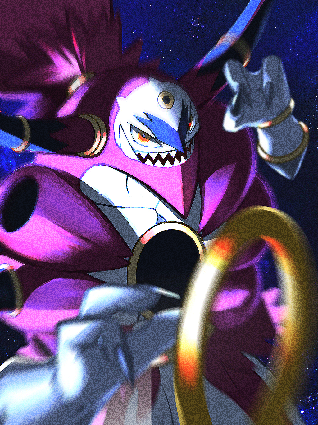 blurry bright_pupils emuenuon fingernails gen_6_pokemon hands_up highres hoop hoopa hoopa_(unbound) horns looking_at_viewer mythical_pokemon orange_eyes outdoors pokemon pokemon_(creature) sharp_teeth solo space teeth