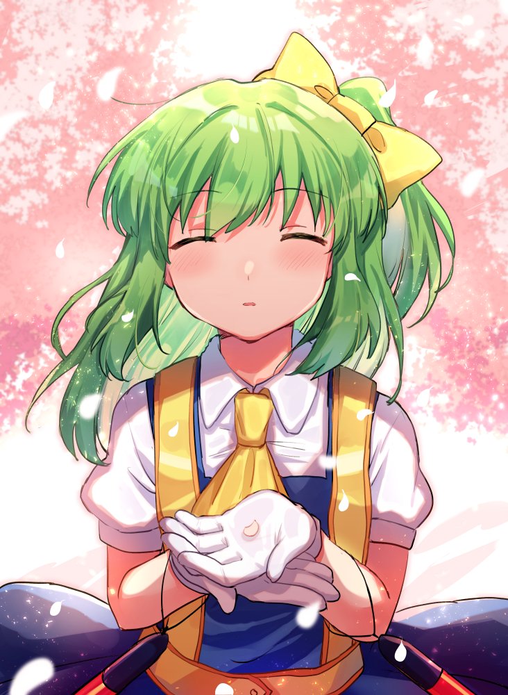 1girl ascot bangs blouse blue_dress blush bow cherry_blossoms closed_eyes collared_blouse commentary_request cookie_(touhou) daiyousei diyusi_(cookie) dress eyebrows_visible_through_hair green_hair hair_bow high-visibility_vest medium_hair open_mouth pinafore_dress ponytail solo touhou traffic_baton upper_body white_blouse xox_xxxxxx yellow_bow yellow_neckwear