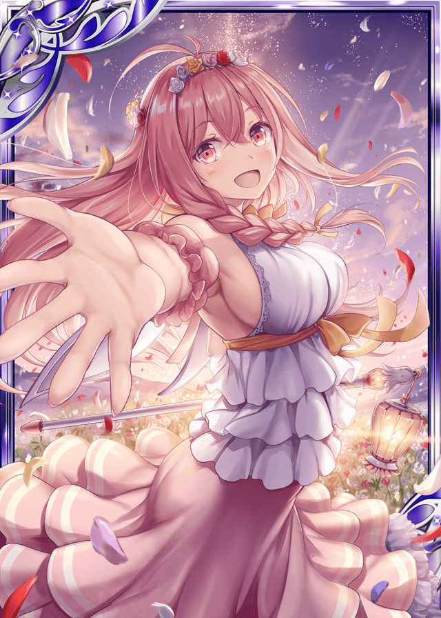 1girl :d akkijin armpits bare_shoulders braid breasts dress field flower frilled_dress frills hair_flower hair_ornament hair_ribbon holding holding_lantern lantern large_breasts long_hair official_art open_mouth petals pink_eyes pink_flower pink_hair pink_rose purple_flower purple_rose red_flower red_rose ribbed_dress ribbon rose rose_petals shinkai_no_valkyrie smile sunset white_dress white_flower white_rose wreath yellow_flower yellow_ribbon yellow_rose