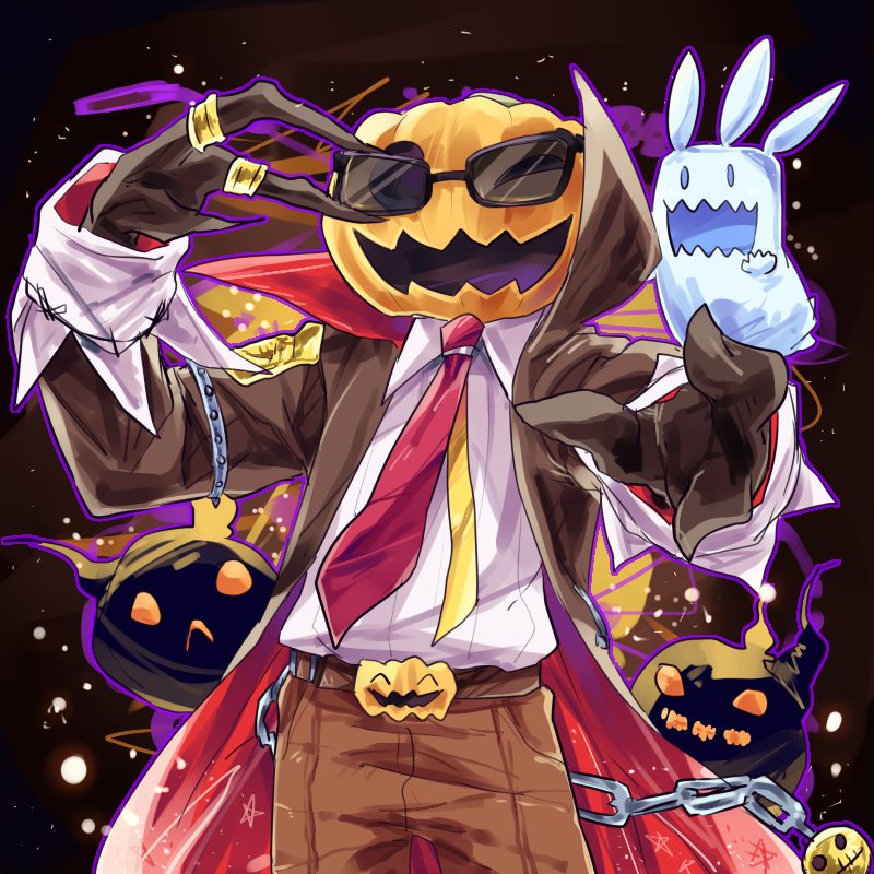 ;d ^_^ ^o^ adjusting_eyewear belt black_background black_jacket brown_belt brown_pants chain chinese_commentary citrouille closed_eyes collared_jacket collared_shirt commentary_request foreshortening ghost jack-o'-lantern jacket jewelry long_jacket long_sleeves merc_storia necktie no_humans one_eye_closed open_mouth pants pose pumpkin rata_(m40929) reaching red_neckwear ring shirt simple_background smile sunglasses white_shirt yellow_neckwear