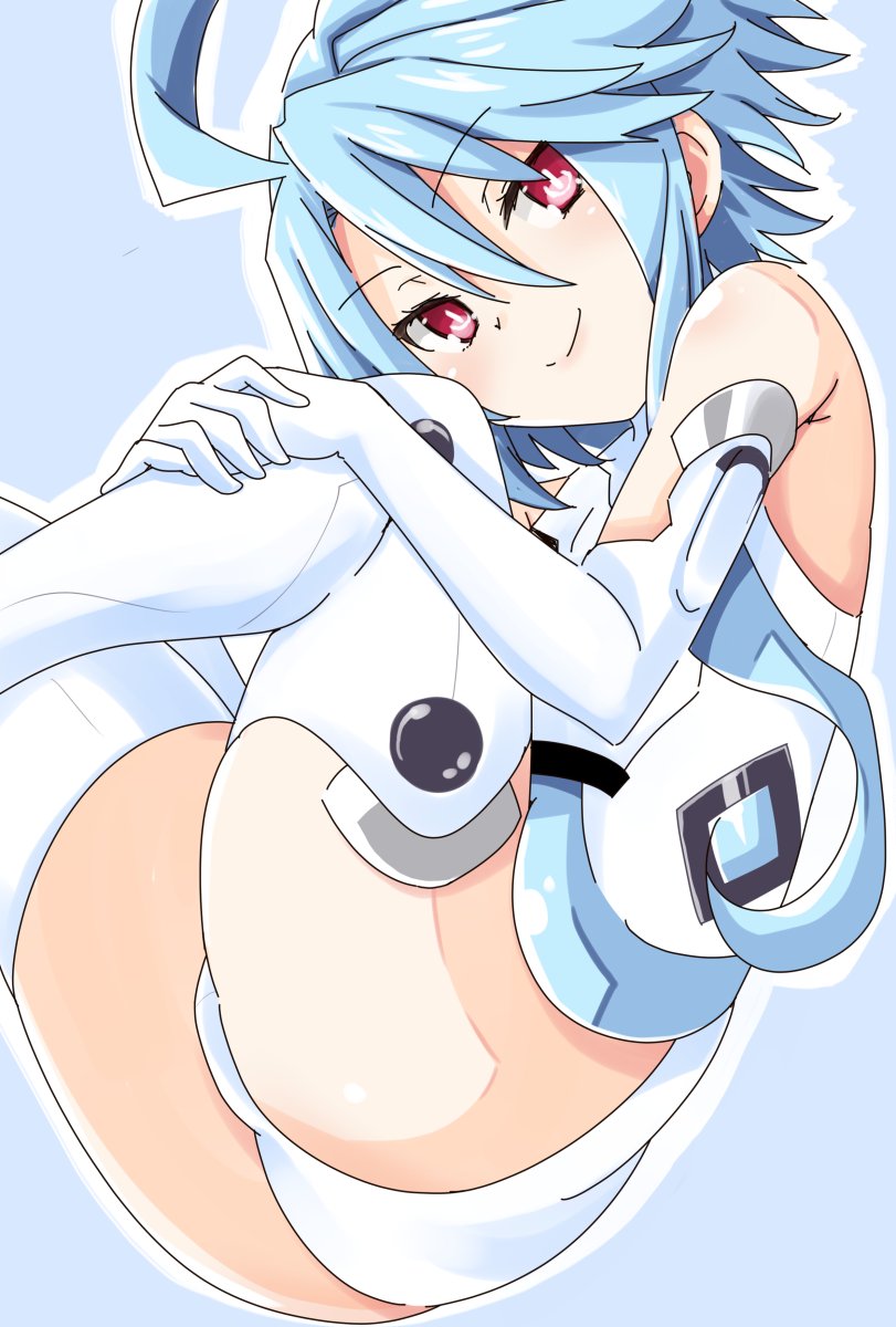 1girl bare_shoulders blush breasts elbow_gloves gloves hair_between_eyes highres iwashi_dorobou_-r- leotard light_blue_hair looking_at_viewer neptune_(series) power_symbol red_eyes short_hair_with_long_locks small_breasts solo symbol-shaped_pupils thigh-highs white_gloves white_heart white_leotard