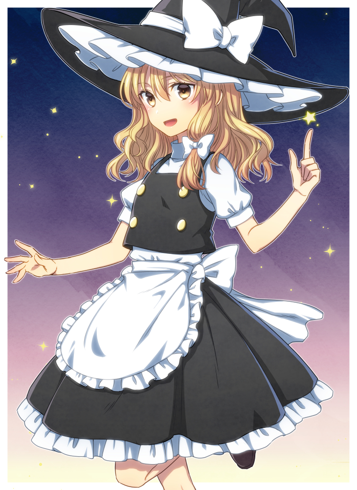 1girl apron back_bow bangs black_headwear black_shirt black_skirt blonde_hair bow commentary eyebrows_visible_through_hair frilled_apron frilled_skirt frills hair_bow hat hat_bow high_collar irino kirisame_marisa leg_up long_hair looking_at_viewer medium_hair medium_skirt night night_sky open_mouth outside_border puffy_short_sleeves puffy_sleeves shirt short_sleeves skirt skirt_set sky smile solo standing standing_on_one_leg star_(sky) star_(symbol) starry_sky touhou white_apron white_bow white_shirt witch_hat yellow_eyes