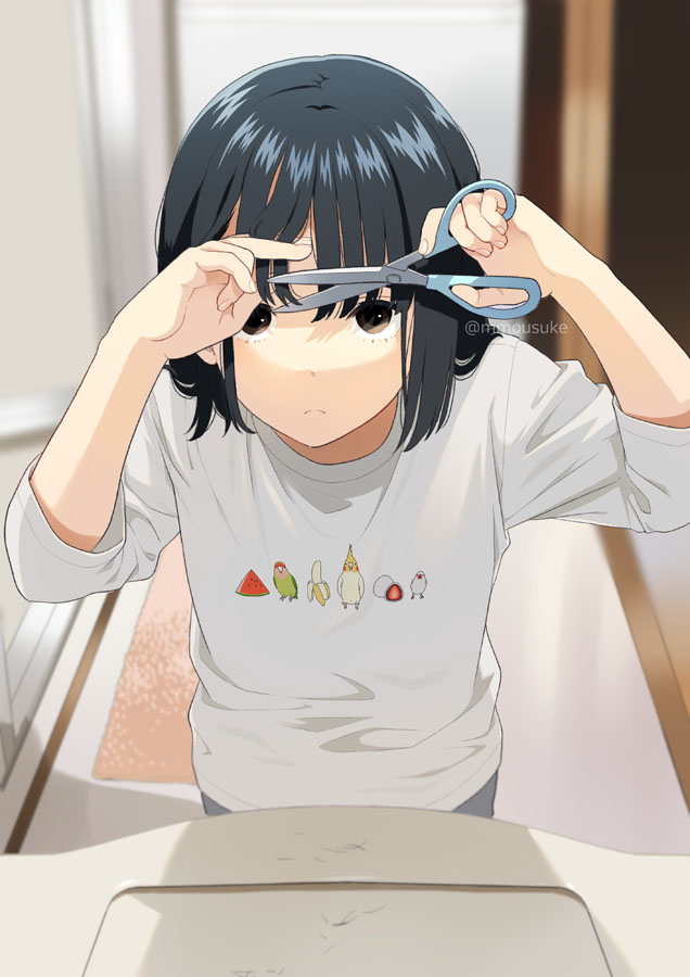 1girl bangs bathroom black_hair brown_eyes closed_mouth cutting_hair cutting_own_hair hands_up holding indoors long_sleeves mattaku_mousuke original print_shirt scissors shirt solo standing twitter_username watermark white_shirt