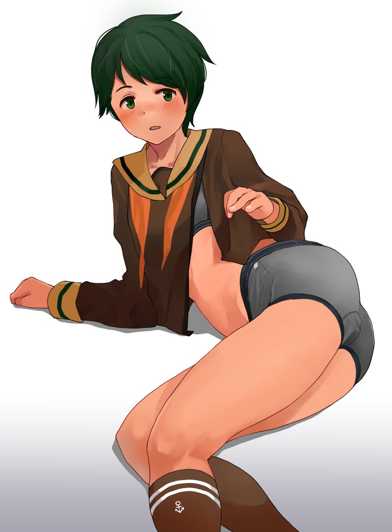 1girl bangs bra brown_legwear brown_sailor_collar brown_serafuku brown_shorts feet_out_of_frame green_eyes green_hair grey_boxers grey_bra kantai_collection kneehighs long_sleeves lying mogami_(kancolle) on_side orange_neckwear remodel_(kantai_collection) sailor_collar school_uniform serafuku short_hair shorts solo swept_bangs tooku_nomura_(artist) torn_clothes underwear