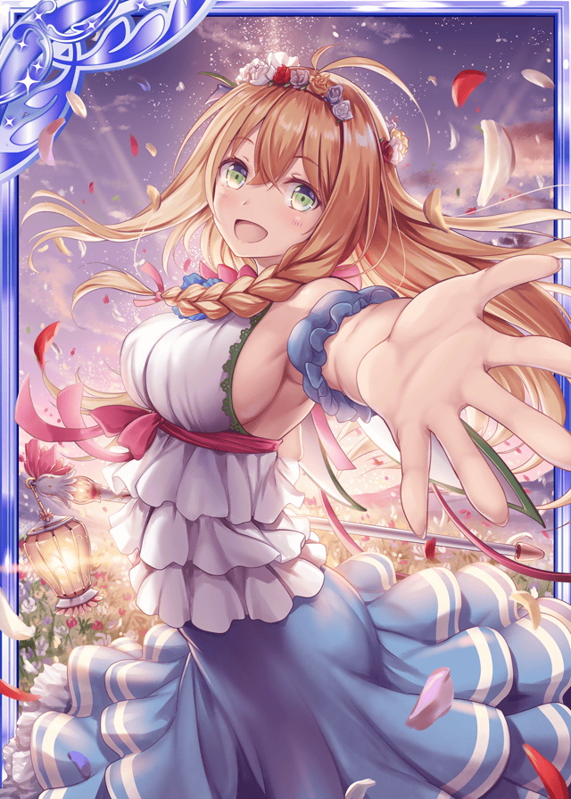 1girl :d akkijin armpits bare_shoulders blonde_hair blue_dress braid breasts dress field flower frilled_dress frills green_eyes hair_flower hair_ornament hair_ribbon holding holding_lantern lantern large_breasts long_hair official_art open_mouth petals pink_flower pink_ribbon pink_rose red_flower red_rose ribbed_dress ribbon rose rose_petals shinkai_no_valkyrie smile sunset white_flower white_rose wreath yellow_flower yellow_rose