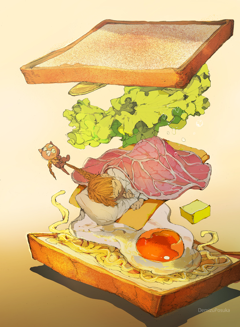 1girl artist_name braid bread_slice brown_hair cheese commentary_request demizu_posuka food hair_pull imp in_food lettuce long_hair long_sleeves lying on_side original oversized_food pickle sandwich shirt sleeping sunny_side_up_egg under_covers white_shirt