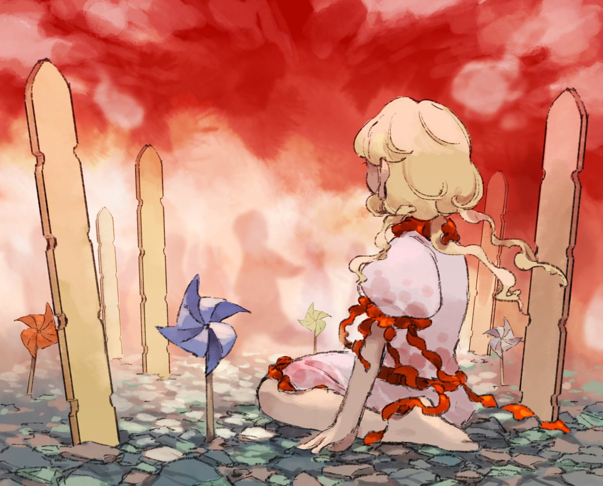 1girl 1other barefoot blonde_hair child cobblestone dress earlobes ebisu_eika frills from_side grave hands_on_ground kaigen_1025 long_hair looking_at_another looking_away looking_to_the_side pinwheel planted puffy_short_sleeves puffy_sleeves rock seiza shirt short_sleeves silhouette sitting skirt solo_focus sotoba touhou white_shirt wily_beast_and_weakest_creature