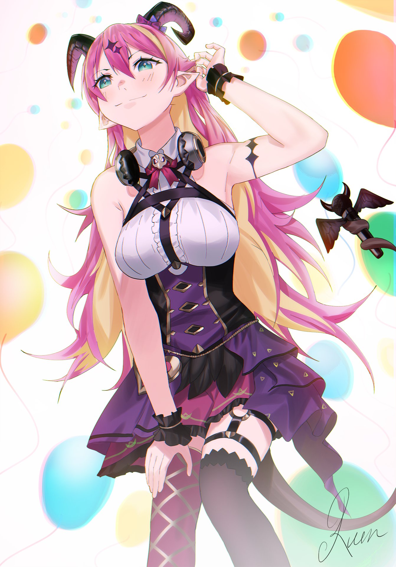 1girl blonde_hair breasts colored_inner_hair corset demon_girl demon_horns demon_tail english_commentary green_eyes hair_behind_ear headphones headphones_around_neck highres holding holding_microphone hololive horns kuroi_enpitsu looking_down mano_aloe medium_breasts microphone multicolored_hair pointy_ears purple_hair purple_skirt skirt smile solo tail thigh-highs thigh_strap virtual_youtuber wrist_cuffs