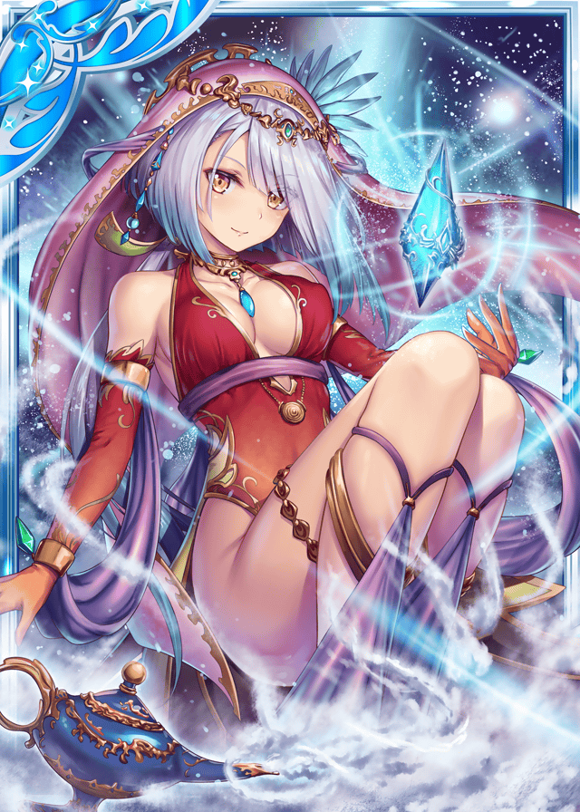 1girl akkijin arabian_clothes armpits bare_shoulders blue_hair breasts collarbone elbow_gloves fog gem genie gloves hair_ornament lamp leotard looking_at_viewer medium_breasts official_art red_gloves red_leotard shinkai_no_valkyrie shiny short_hair veil yellow_eyes