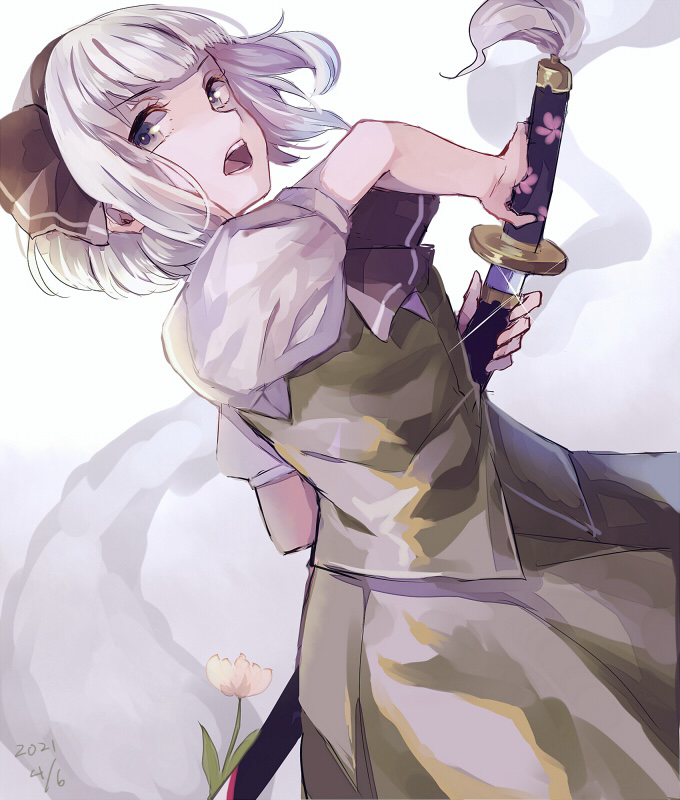 1girl ascot bangs black_hairband black_neckwear black_ribbon bob_cut breasts cowboy_shot dated dutch_angle floral_print flower flower_request from_side glint green_skirt green_vest grey_eyes hair_ribbon hairband hitodama holding holding_sword holding_weapon katana konpaku_youmu konpaku_youmu_(ghost) looking_at_viewer m_(neteitai10) open_mouth pink_flower puffy_short_sleeves puffy_sleeves ribbon serious sheath shirt short_hair short_sleeves silver_hair simple_background skirt small_breasts solo sword touhou unsheathing vest weapon white_background white_shirt