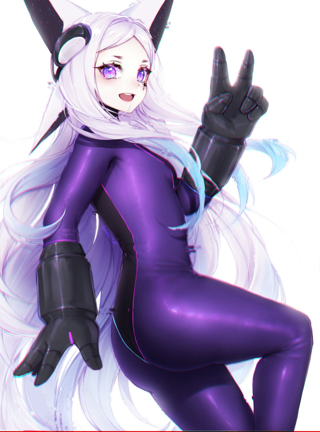 1girl animal_ears ass beescuit blue_hair bodysuit breasts colored_inner_hair dyarikku_(vtuber) english_commentary fox_ears from_side highres indie_virtual_youtuber long_hair looking_at_viewer mechanical_arms multicolored_hair open_mouth purple_bodysuit silver_hair skin_tight small_breasts smile solo v very_long_hair virtual_youtuber white_background